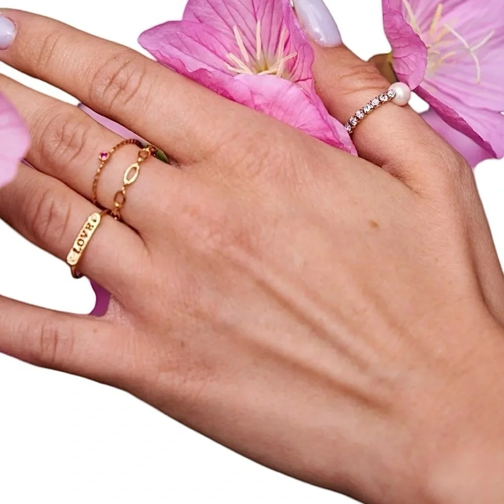 Gold Tone Delicate Chain Link Ring & Pink Garnet Colored Gemstone Ring Sz 7 New